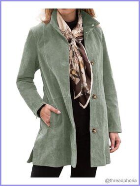 Suede Leather Coat Stand Collar Single Breasted Overcoat Pockets Mid Length